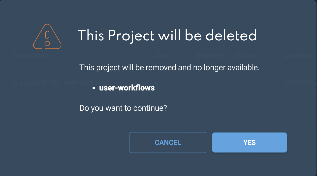 Delete project confirmation screen