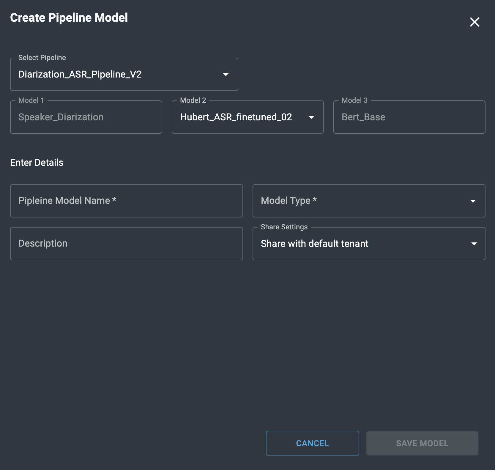 Create pipeline model window