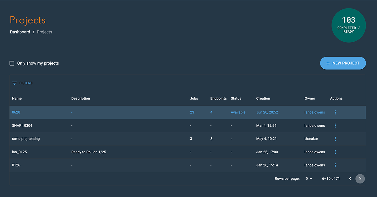 Project list table