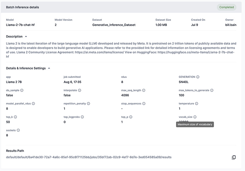 Batch inference details pane