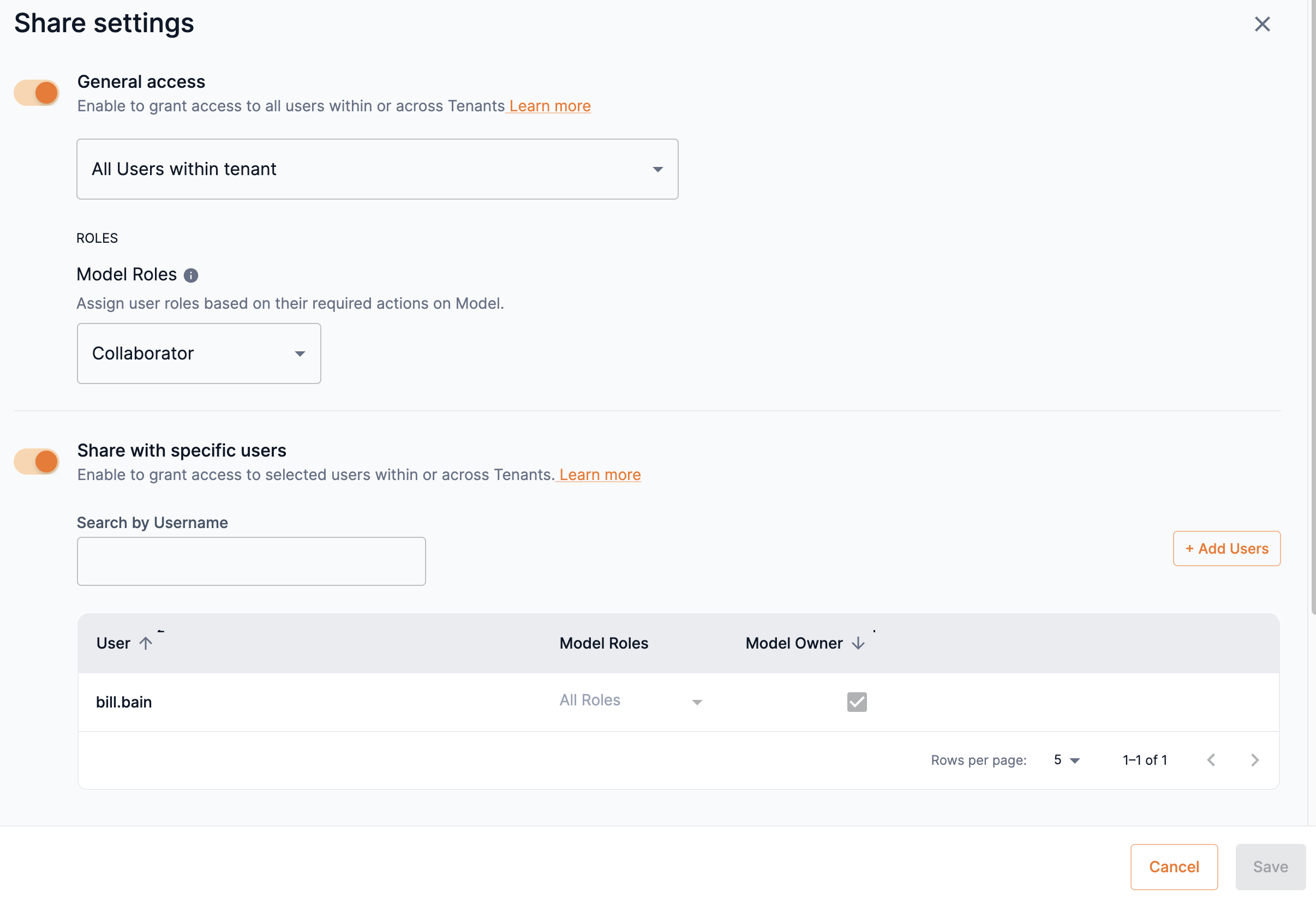 Model share settings