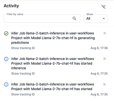 Batch inference job activity panel