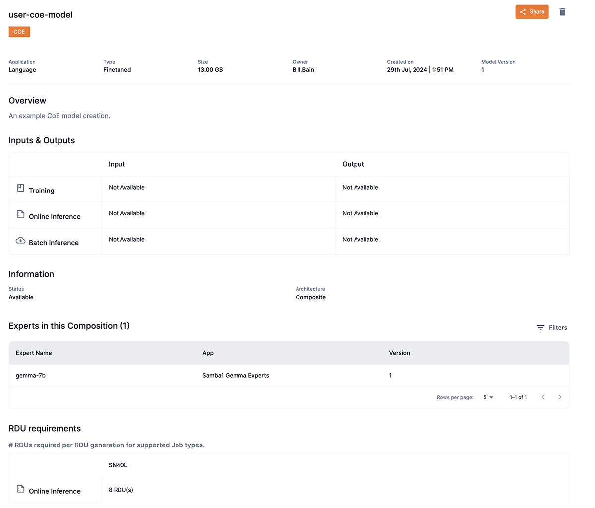 Example user created CoE model card