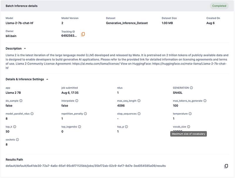 Batch inference details pane