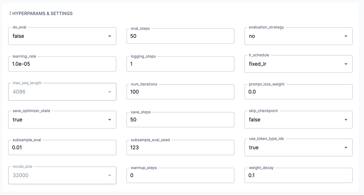 Hyperparams and settings