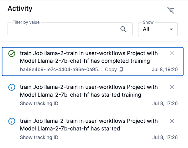 Train job activity panel