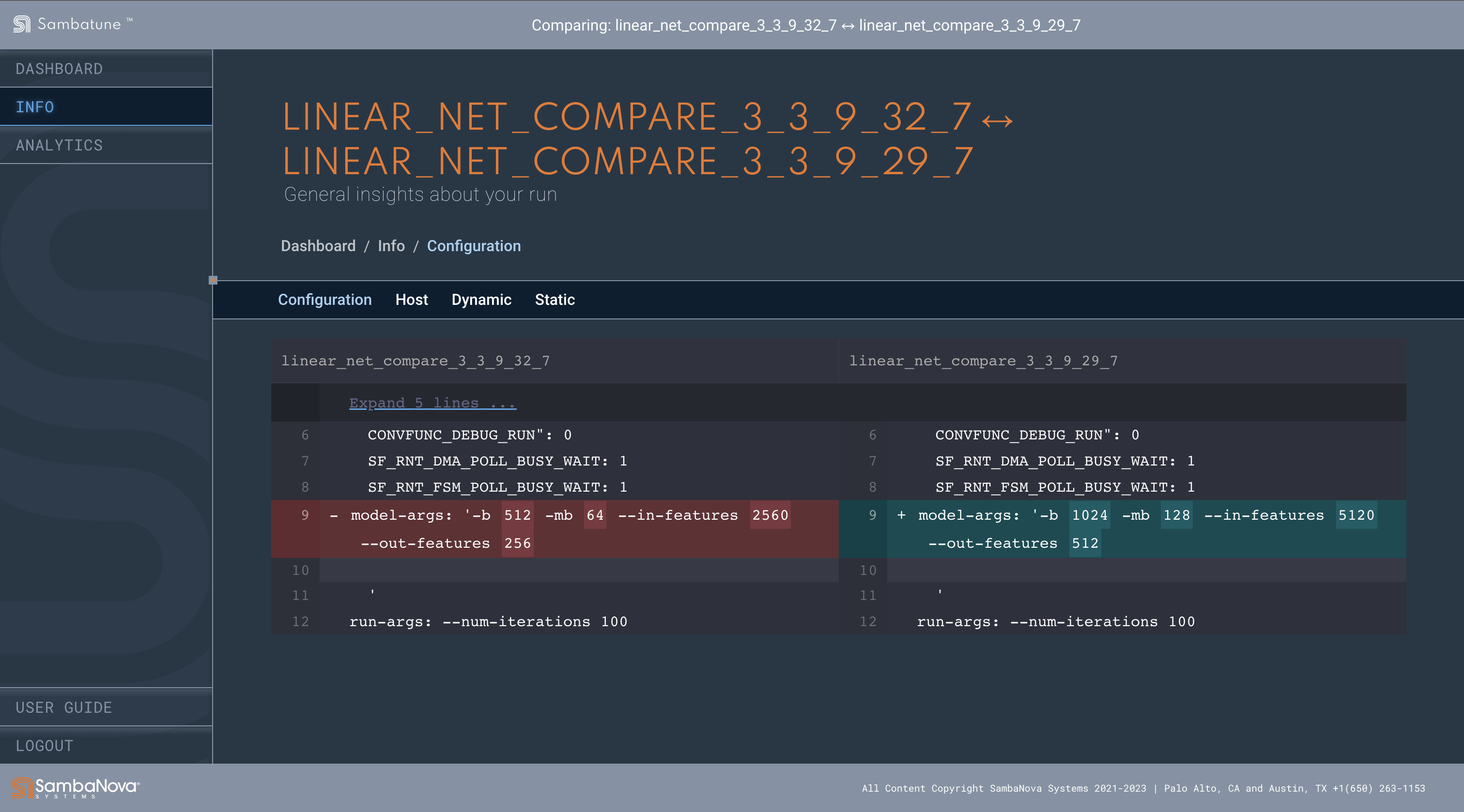 Compare Configurations on INFO page