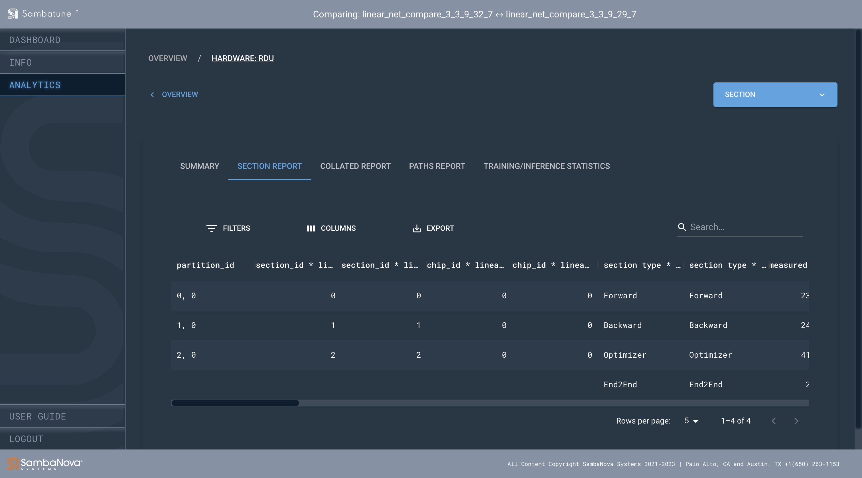 Compare feature section report