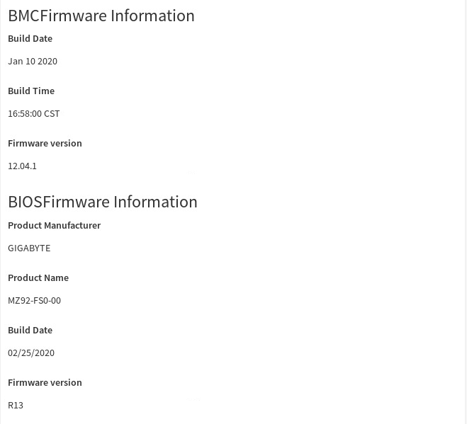 BMCFirmware Information screen